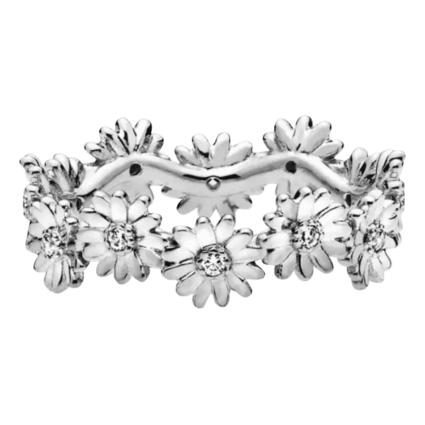 Vooraanzicht van onze mooie ring met rondom madeliefjes. In verschillende maten. 925 sterling zilver met stempel