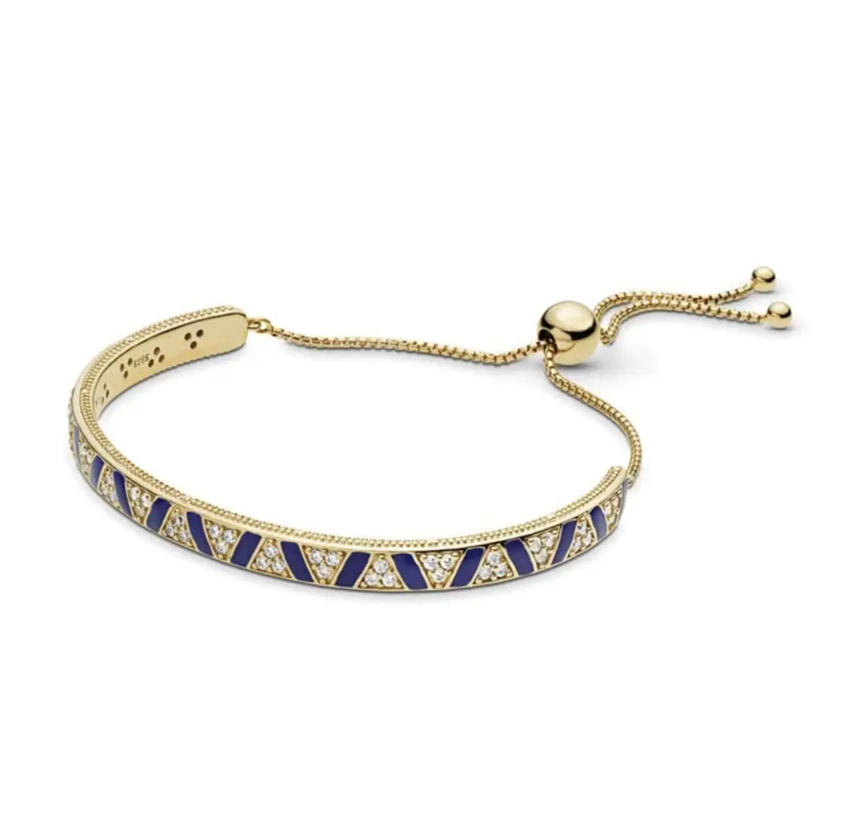 Product Afbeelding Bovenaanzicht van onze cleopatra armband. Deze sliding armband is gemaakt van 925 sterling zilver met een laagje 14 karaat goud. De blokjes zijn gemaakt van blauwe emaille.