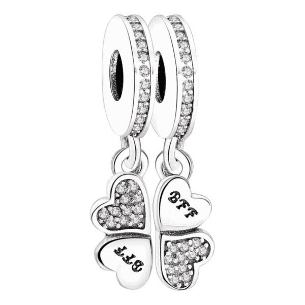 Product afbeelding vooraanzicht van onze prachtige BFF bedel die bestaat uit 2 bedels. Dus dubbel zoveel.In prachtig 925 sterling zilver met zirkonia afgewerkt.