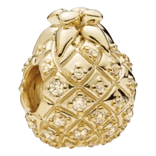 Product Afbeelding Vooraanzicht ananas. Deze prachtige ananas is gemaakt van 925 sterling zilver met een laagje goud eroverheen. Deze ananas bead is mooi gedetailleerd en lijkt op een echte ananas.