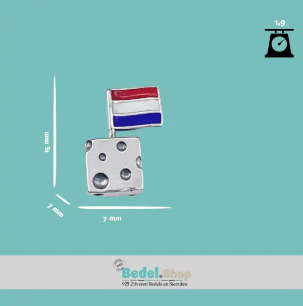 Product maattabel. Deze foto geeft je een inzicht van de maten van het kaasblokje met nederlandse vlag uit de happy holland collectie. Ook het gewicht van de bedel is rechtsboven aangegeven. Zo weet je precies hoe groot onze 925 sterlingen zilveren bedel is.