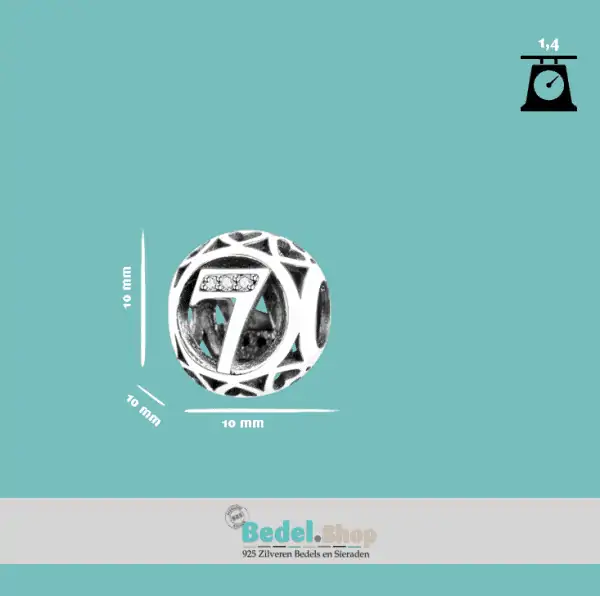 Bedel cijfer 7 | Bol bedel met nummer 7 | 925 Sterling Zilver - Afbeelding 3