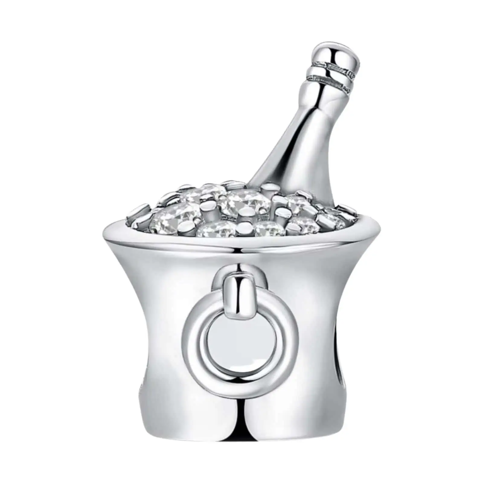 Product AFbeelding vooraanzicht van onze prachtige champagne cooler. Deze bead koeler champagne is gemaakt van 925 sterling zilver. Het ijs in de meer is van zirkonia steentjes.