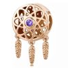 Product Afbeelding Voor en Achteraanzicht van deze prachtige droomvanger rose met paarse zirkonia uit de geloof collectie. Deze droomvanger is gemaakt van 925 sterling zilver met een laagje rose goud. Afgewerkt met 3 hangende veren een ingelegde paarse zirkonia.