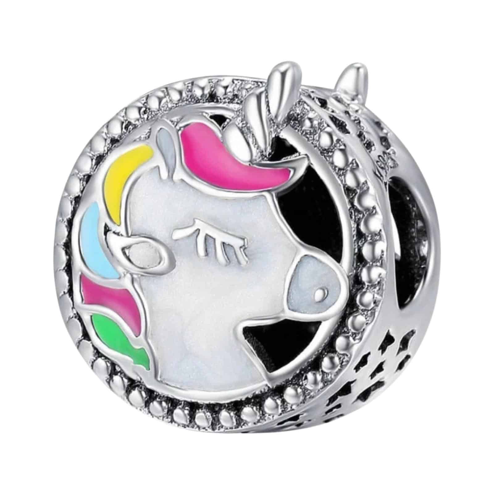 Product Afbeelding Voor en Achteraanzicht van onze geweldige eenhoorn bedel. Deze fantasie bedel van het magische paard is gemaakt van 925 sterling zilver en vele kleure emaille. Deze bead met eenhoorn is ingelegd rondom met zirkonia.
