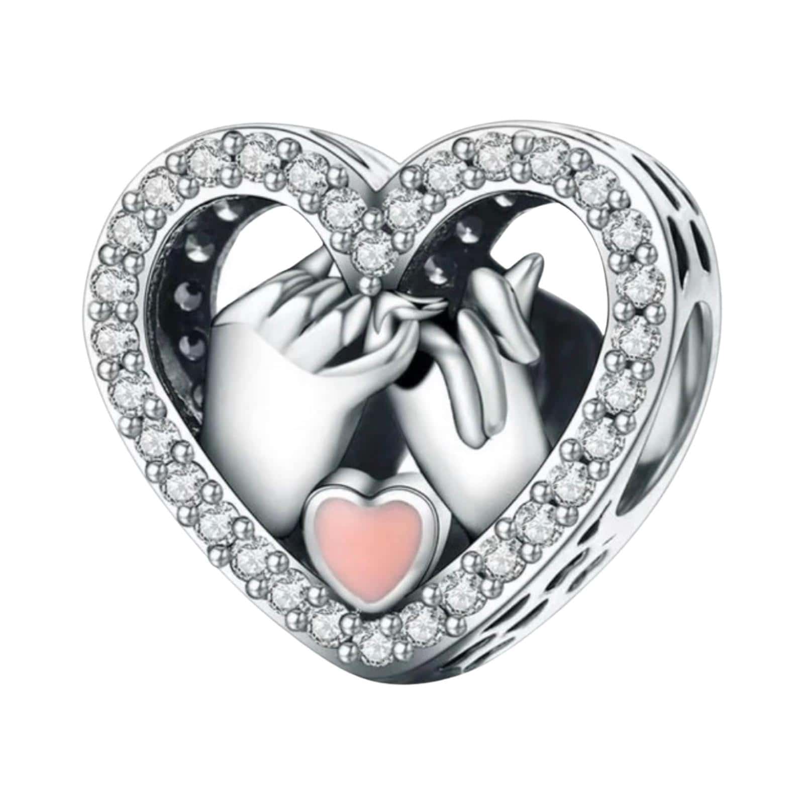 Voor en Achteraanzicht van onze best seller handen samen in hart. De handjes in het hart zijn mooi gepolijst en gemaakt van 925 sterling zilver. Samen met roze emaille hartje en over het gehele hart met zirkonia ingelegde bead maakt deze bedel een echt eyecatcher aan je armband. Valentijn alert!