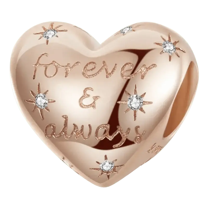 Voor en achteraanzicht van onze rose valentijn hart bedel. Met heel veel sterren over de gehele bedel geplaatst. Met de tekst forever and always aan beide kanten maakt deze bedel een echte valentijn bedel. Gemaakt van 925 sterling zilver en rose laagje.