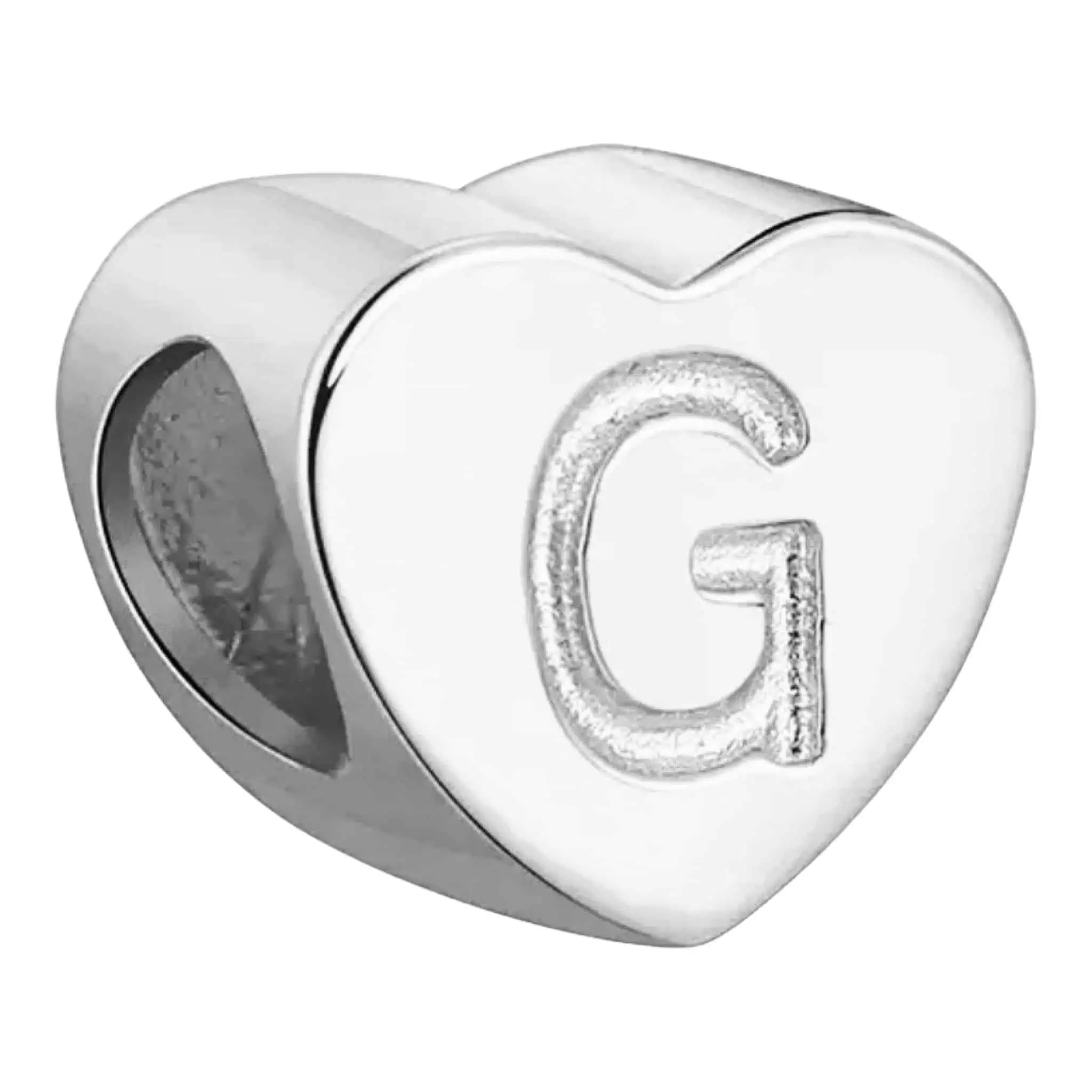 Product Afbeelding Voor en Achteraanzicht van onze prachtige hart letter bead uit de collectie sierletters en cijfers. Deze prachtige bedel met de letter G is gemaakt van 925 sterling zilver en is gegraveerd met de letter g in het hart.