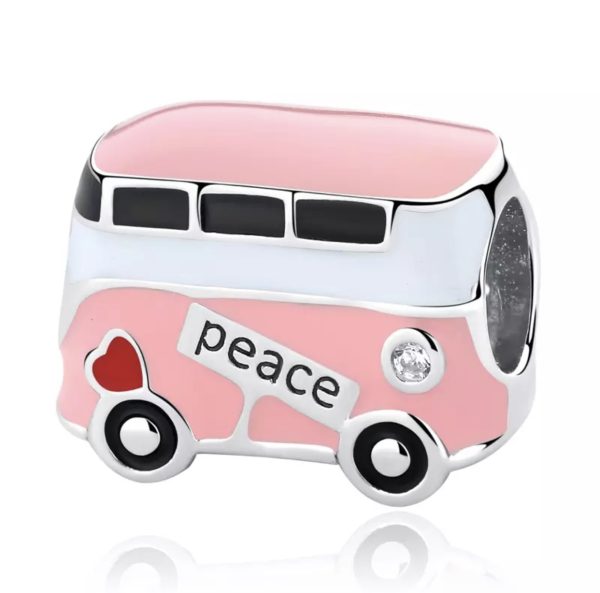 Product Afbeelding Zijaanzicht van onze prachtige nieuwe peace camper. Deze hippie bus is gemaakt van 925 sterling zilver en heeft een peace teken. Ook is deze roze bus is ingelegd met roze emaille.