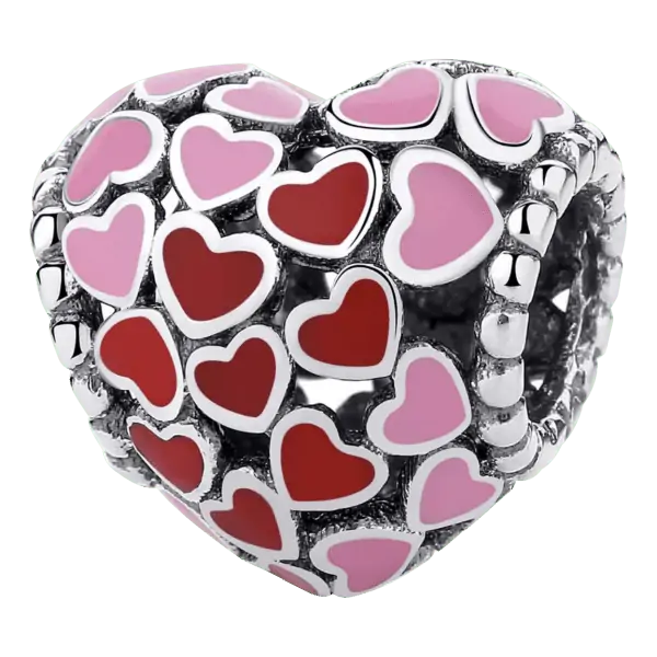 Voor en achteraanzicht van deze prachtige hart bead. Het hart is gevuld met kleine hartjes van rode en roze emaille. Deze bedel is perfect voor valentijn. Gemaakt van 925 sterling zilver met keurmerk.