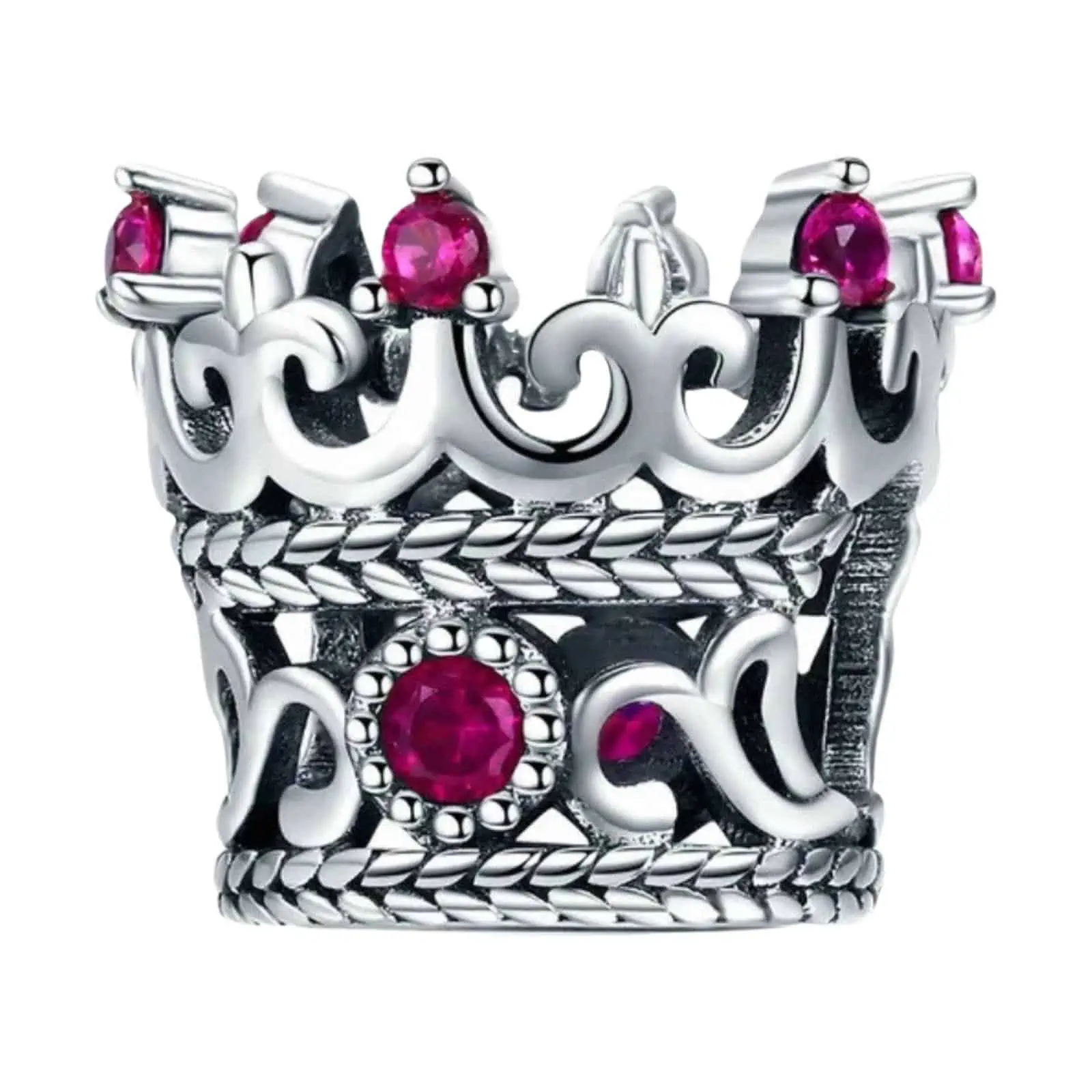 Product Afbeelding Voor en Achteraanzicht van onze prachtige kroon uit de symbolen collectie. Deze kroon bead is opgewerkt en ingelegd met donker roze zirkonia steentjes. De bedel is gemaakt van 925 sterling zilver.