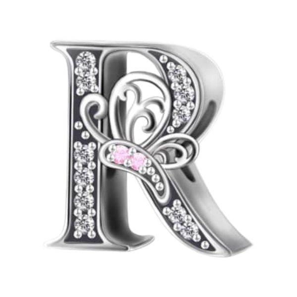 Product Afbeelding Voor en Achteraanzicht van onze prachtige nieuwe sierletter R. Deze letter r is gemaakt van 925 sterling zilver en ingelegde zirkonia steentjes. Ook vliegt er een vlinder over de letter heen met roze zirkonia stenen.