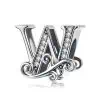 Product Afbeelding Vooraanzicht van onze super mooie bead letter W uit de collectie letters en cijfers. De sierletter W is gemaakt van 925 sterling zilver en is ingelegd met transparante zirkonia steentjes. Verder is de W afgewerkt met sierlijke golven langs de letter.