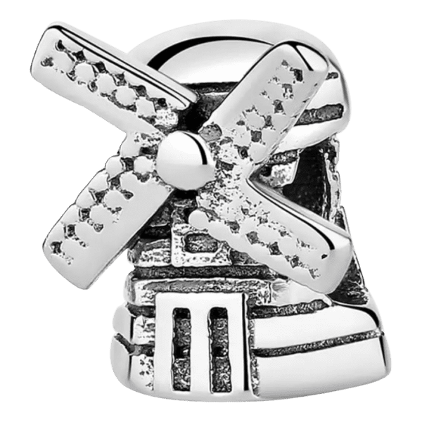 Product Afbeelding Vooraanzicht van onze molen in de happy holland collectie. Deze bedel spreekt voor zich. Iedereen kent wel de molen die daar in het prachtige weiland staat te draaien. Deze molen is gemaakt van 925 sterling zilver en komt helemaal tot z'n recht in de nederlandse bedels. Zo gaan de wieken de wieken.
