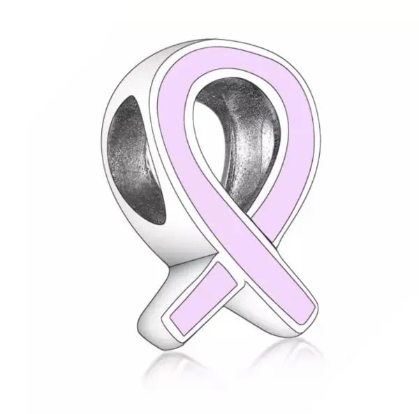 Product Afbeelding Voor en Achteraanzicht van onze prachtige pink ribbon bedel. Deze bead uit de categorie symbolen is gemaakt van 925 sterling zilver en roze emaille. Dit symbool staat voor borstkanker.