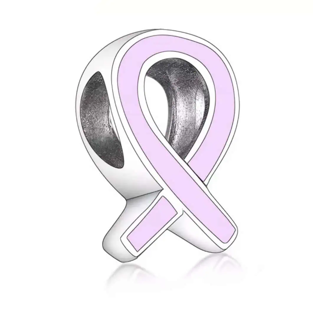 Product Afbeelding Voor en Achteraanzicht van onze prachtige pink ribbon bedel. Deze bead uit de categorie symbolen is gemaakt van 925 sterling zilver en roze emaille. Dit symbool staat voor borstkanker.