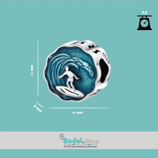 Bedel Surfer | Sport bead met golven in emaille | 925 Sterling Zilver - Afbeelding 3