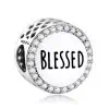 Product Afbeelding Voor en Achterzijde van onze prachtige blessed bead. Deze krachtige bedel is gemaakt van 925 sterling zilver en rondom ingelegd met zirkonia. Blessed is gegraveerd met zwarte emaille.