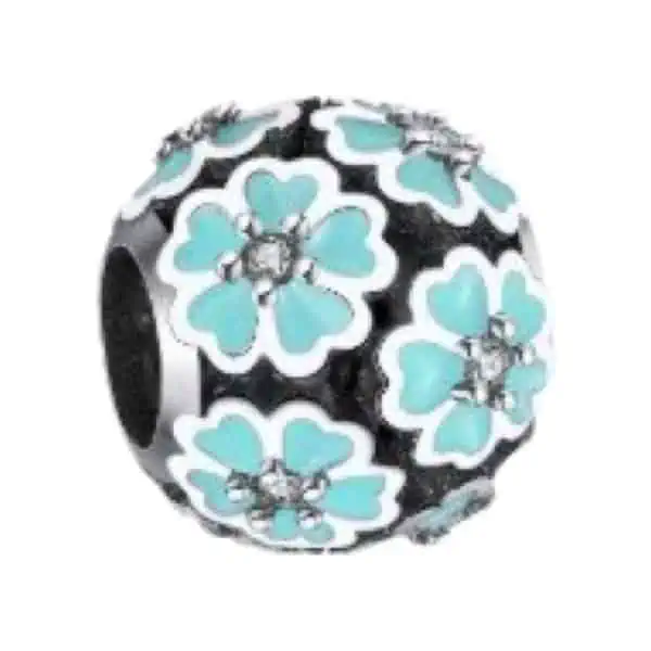 Product Afbeelding Vooraanzicht van onze prachtige turquoise bloemen bol. Deze bead is gemaakt van 925 sterling zilver en heeft turquiose emaille op elke bloem. Afgewerkt met zirkonia steentje als knop van de bloemetjes.