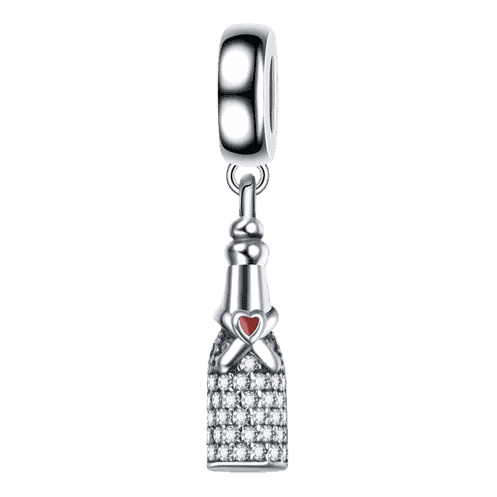 Product Afbeelding Vooraanzicht van onze feest bedel collectie. Deze prachtige champagne fles charm is een echte eyecatcher aan je armband. De bedel is onderaan voorzien van zirkonia aan de bovenkant sluit de champagnefles zich met een klein rood emaille hart. Gemaakt van 925 sterling. Met echtheidscertificaat.