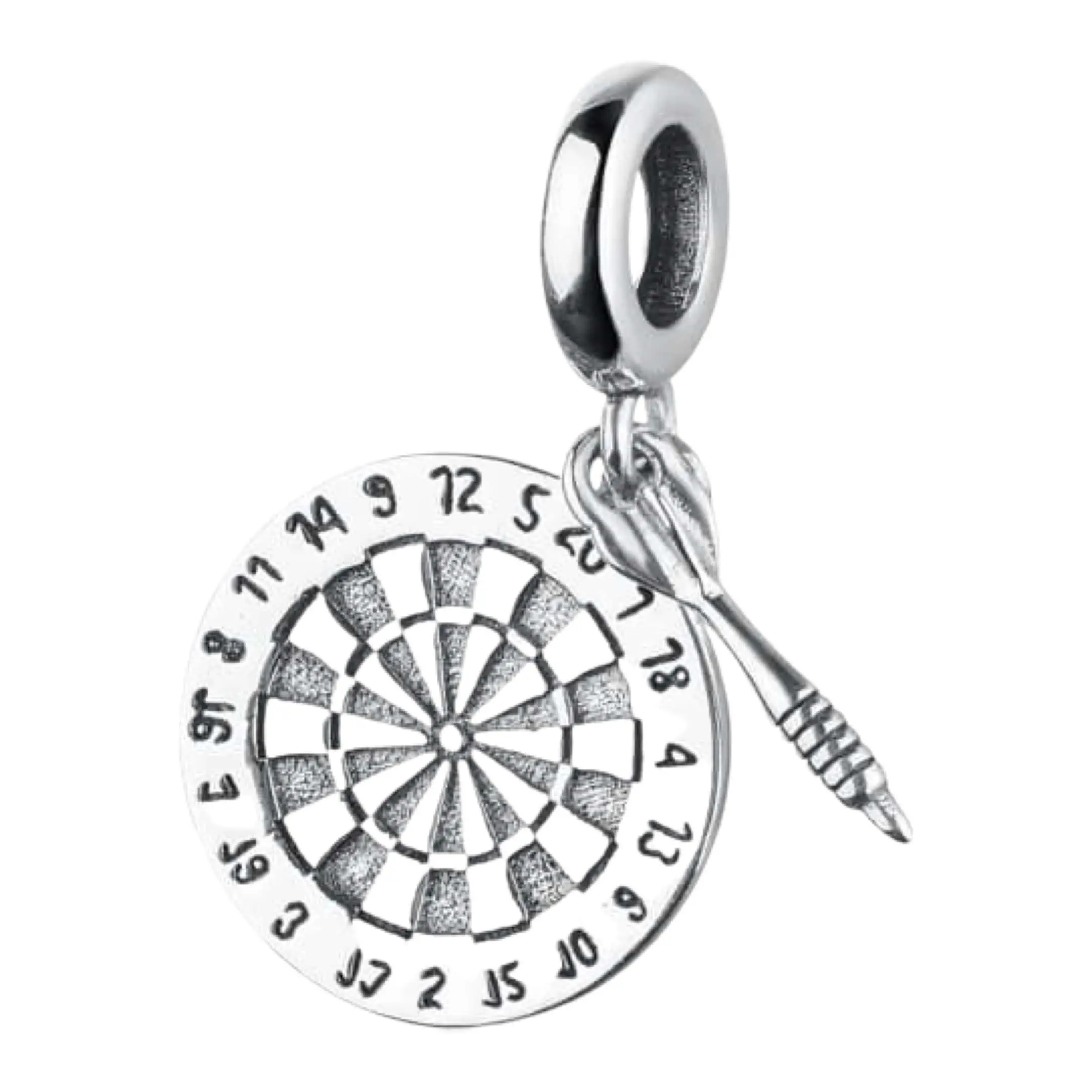 Product Afbeelding Vooraanzicht van onze nieuwe bedel uit de categorie hobby. Deze charm is een dartbord en dartpijl van 925 sterling zilver. Op mini formaat nagemaakt.