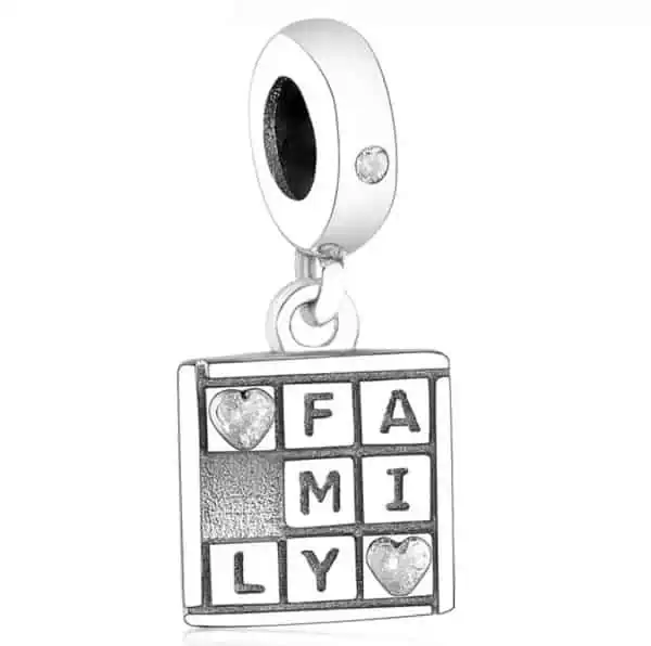 Product Afbeelding Vooraanzicht van onze prachtige puzzel charm. Deze schuifpuzzel met de letters family is gemaakt van 925 sterling zilver. Met 2 vierkante hartjes. Het mooiste bedeltje uit de familie collectie.