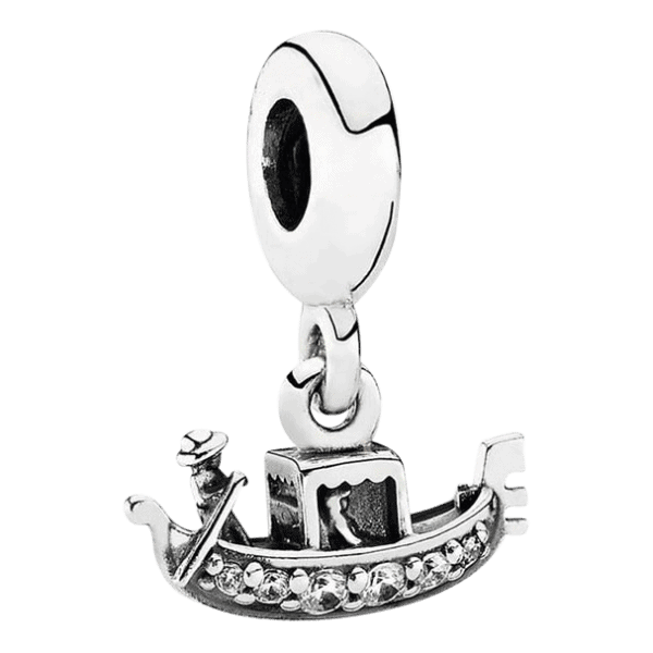 Product Afbeelding Vooraanzicht van onze nieuwe prachtige bedel in de categorie reizen. Deze charm bedel met zirkonia's. Is precies zoals ze in venetie de gondel hebben. Deze Italiaanse charm met gondel mag niet onbreken aan je bedel armband als je van italie houd. Uiteraard gemaakt van 925 sterling zilver.
