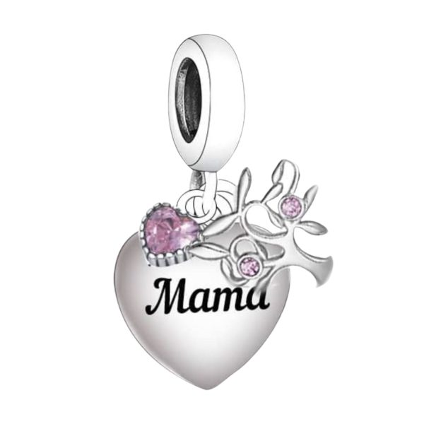 Product Afbeelding Vooraanzicht van onze prachtige charm mama uit de familie collectie. Deze Mama bedel is gemaakt van 925 sterling zilver en gegraveerd met zwarte emaille. Deze 3 delige bedel heeft een levensboom en een hart met roze zirkonia.