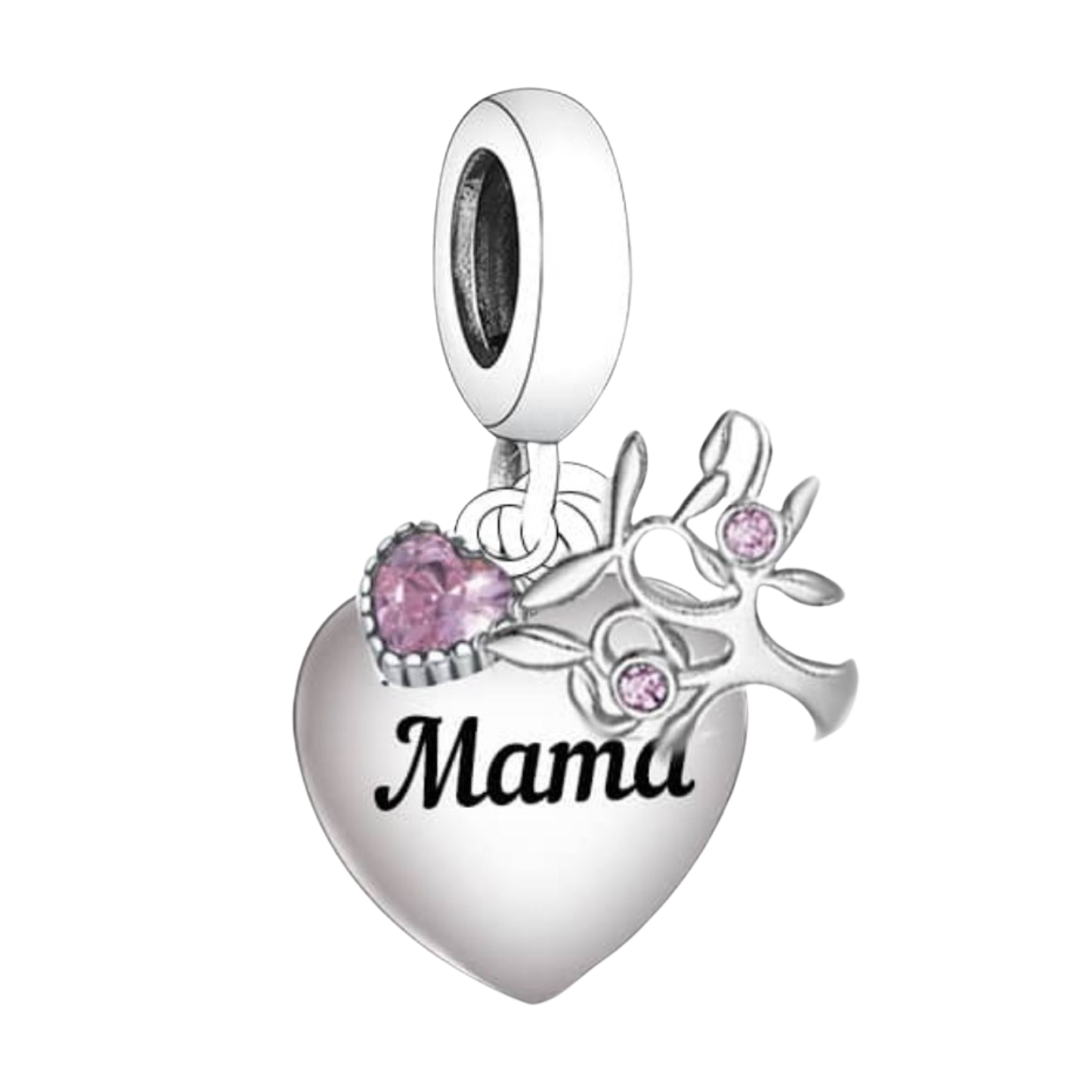 Product Afbeelding Vooraanzicht van onze prachtige charm mama uit de familie collectie. Deze Mama bedel is gemaakt van 925 sterling zilver en gegraveerd met zwarte emaille. Deze 3 delige bedel heeft een levensboom en een hart met roze zirkonia.