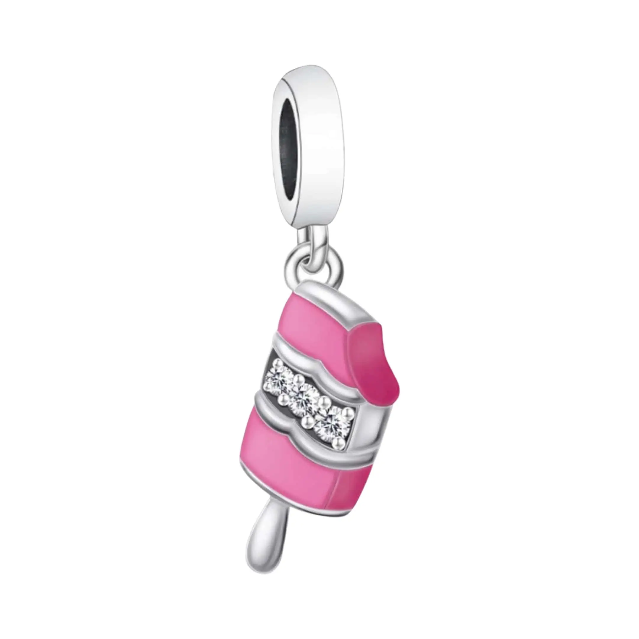 Product Afbeelding Voor en Achteraanzicht van onze nieuwe charm ijsje uit de collectie reizen. Deze bedel is gemaakt van 925 sterling zilver en roze emaille. Ook is er een rijtje zirkonia steentjes rondom het ijsje.