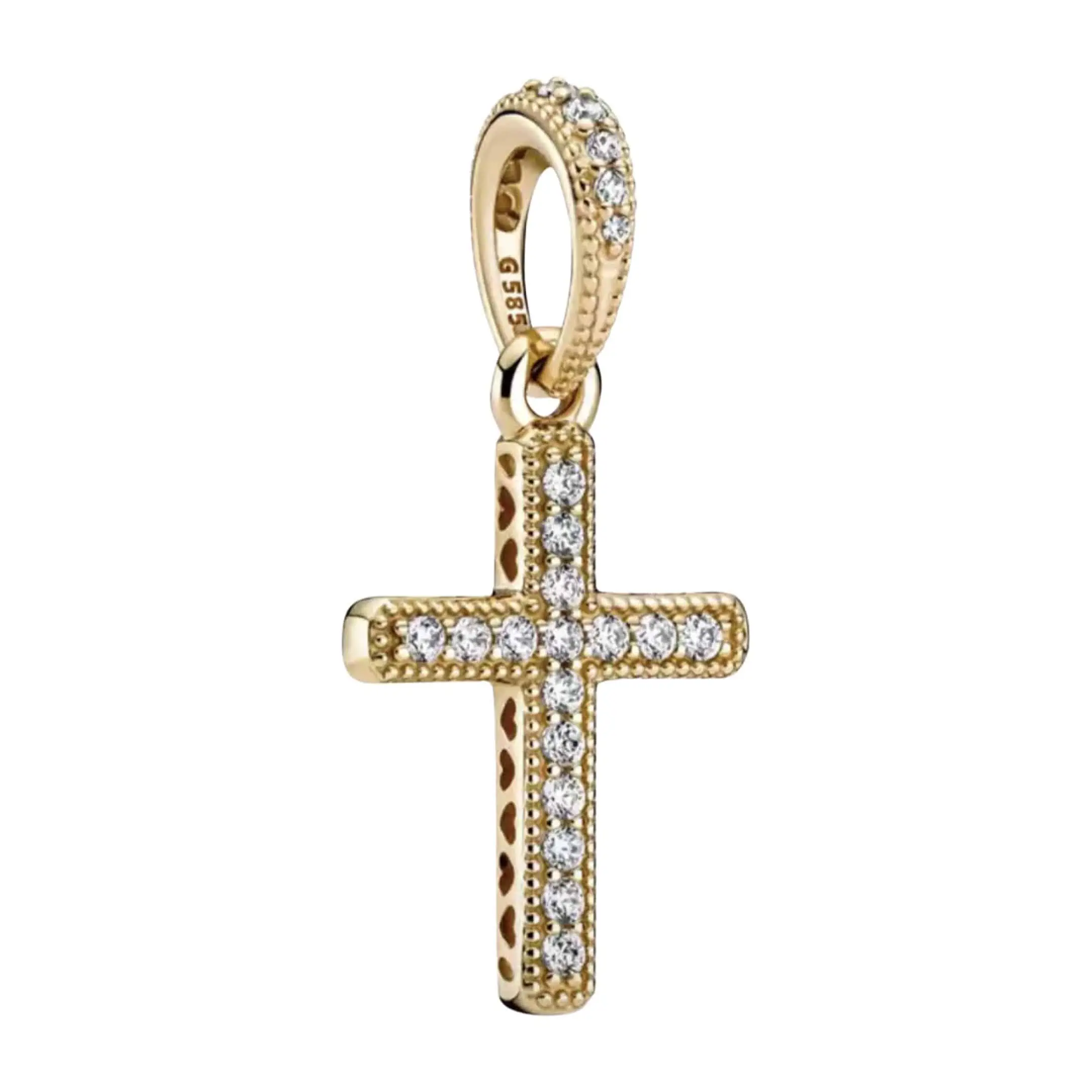 Product Afbeelding Vooraanzicht van onze prachtige bedel uit de collectie Geloof en Geluk. Deze charm is totaal ingelegd met zirkonia. Het kruis is ook helemaal ingelegd. Gemaakt van 925 sterling zilver met een laagje goud.