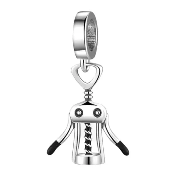 Product Afbeelding Voor en Achteraanzicht van onze super leuke kurkentrekker bedel. Deze charm is gemaakt van 925 sterling zilver en zwarte emaille en een leuke wijn bedel voor de collectie.