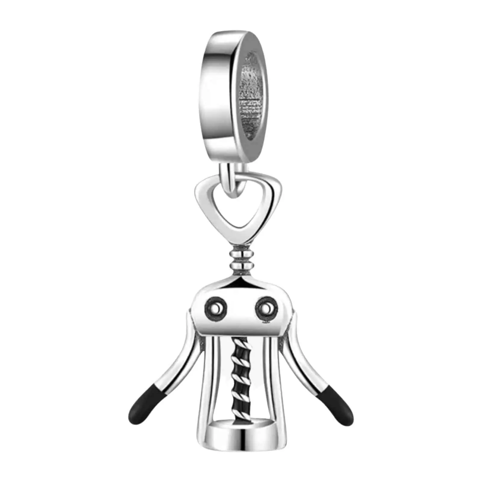 Product Afbeelding Voor en Achteraanzicht van onze super leuke kurkentrekker bedel. Deze charm is gemaakt van 925 sterling zilver en zwarte emaille en een leuke wijn bedel voor de collectie.