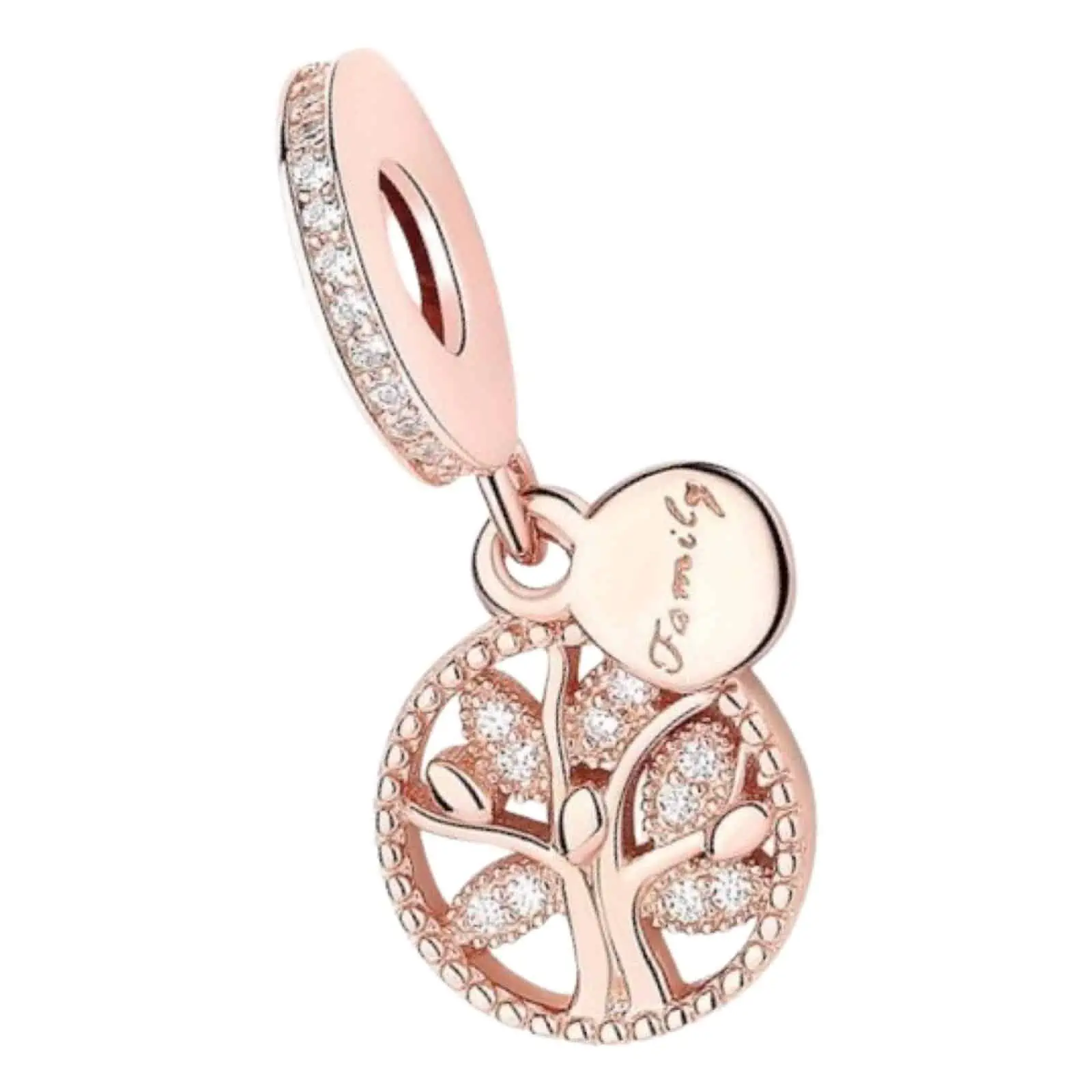 Product Afbeelding Vooraanzicht van deze prachtige levensboom rose family. Deze mooie charm is gemaakt van 925 sterling zilver heeft een laagje rose goud. Het kleine bedeltje heeft family gegraveerd. Ook is de bedel helemaal ingelegd met zirkonia.