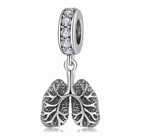 Product Afbeelding Vooraanzicht van onze nieuwe zorg bedel. Deze prachtige antonomie longen bedel is een geweldig cadeau voor een verpleegkundige of longarts. De longen zijn gemaakt van 925 sterling zilver met gedailleerd bronchien. De charm van de longen is ingelegd met zirkonia.