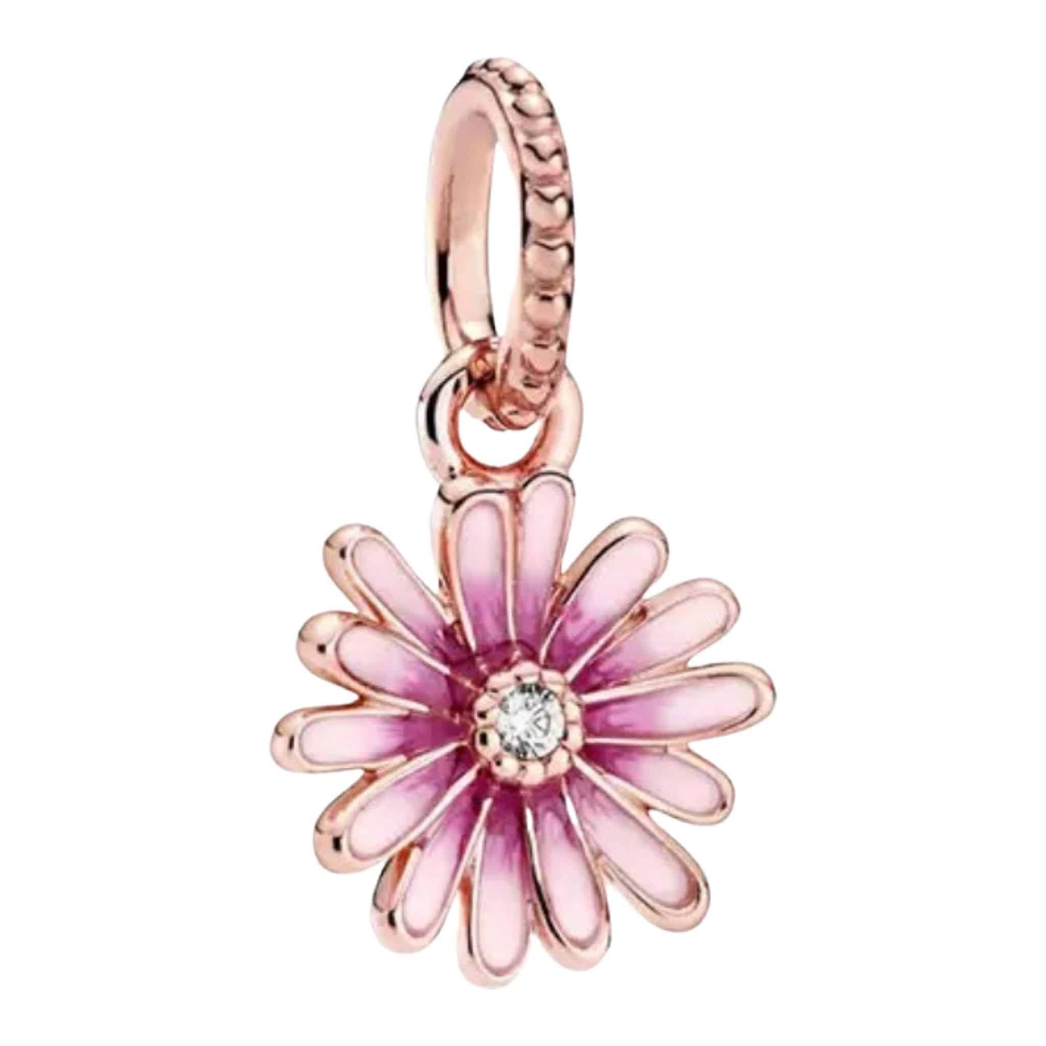 Product Afbeelding Vooraanzicht van onze prachtige madelief bedel in rose goud. Deze charm is gemaakt van 925 sterling zilver, roze emaille en een grote zirkonia steen in het midden.