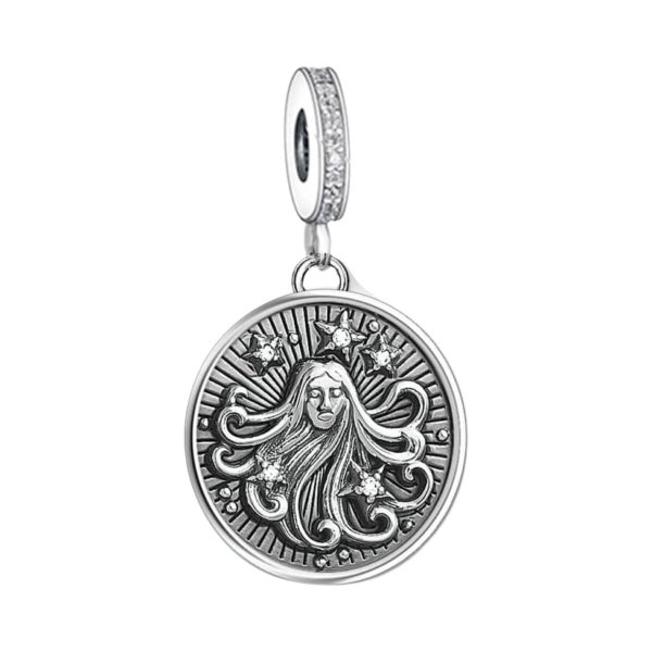 Product Afbeelding Vooraanzicht van onze prachtige Maagd charm uit de sterrenbeeld collectie. Deze lieve Horoscoop bedel rond is gemaakt van 925 sterling zilver met 3d maagd bovenop de medaillon.