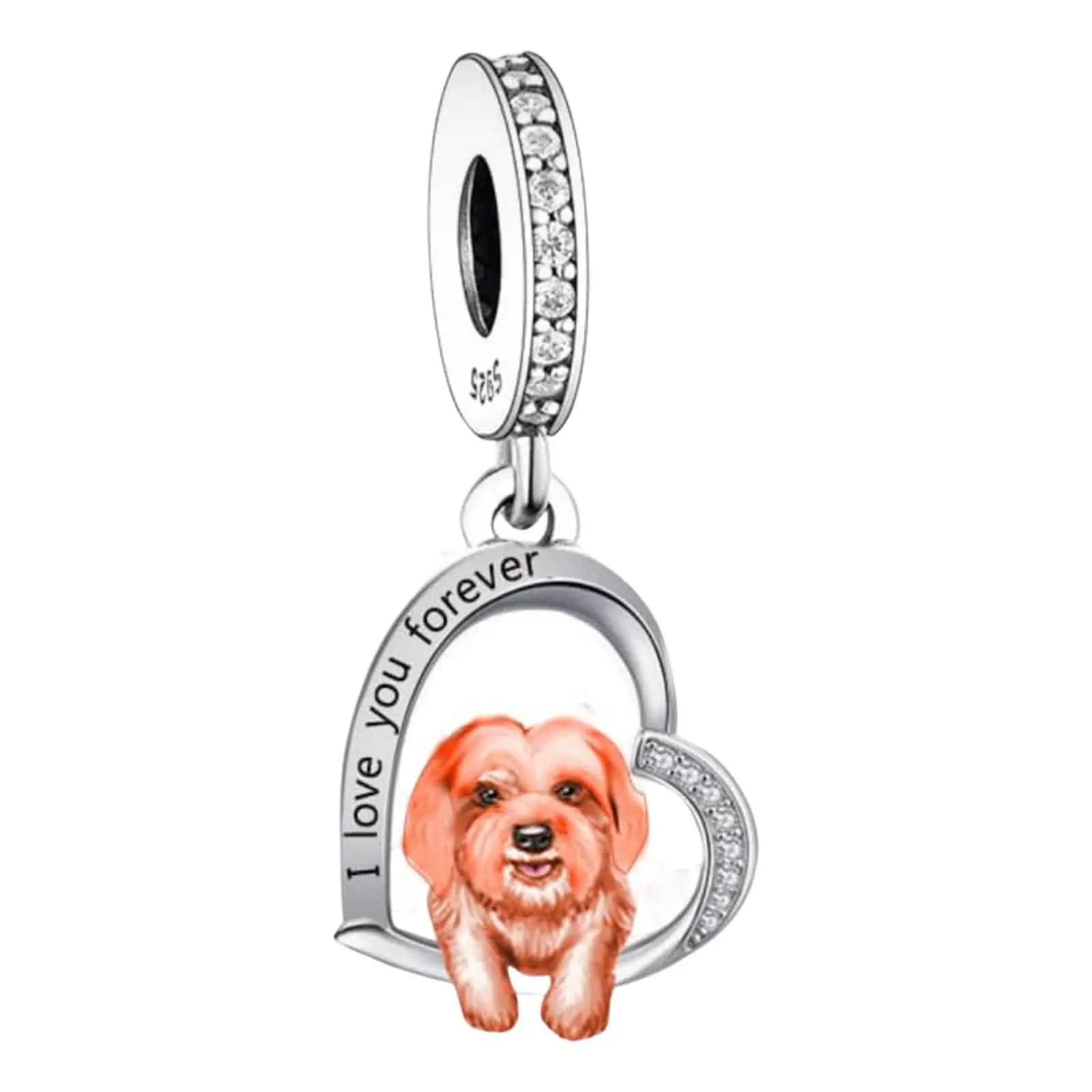 Product Vooraanzicht van onze nieuwe collectie honden bedels. Deze charm Is een opgewerkt hart met een gravure in de rand met I love you forever. Het ras van de hond is een boomer en is gemaakt van rose goud. De rest van de charm is gemaakt van 925 sterling zilver met zirkonia ingelegd. Voor de hond fan.