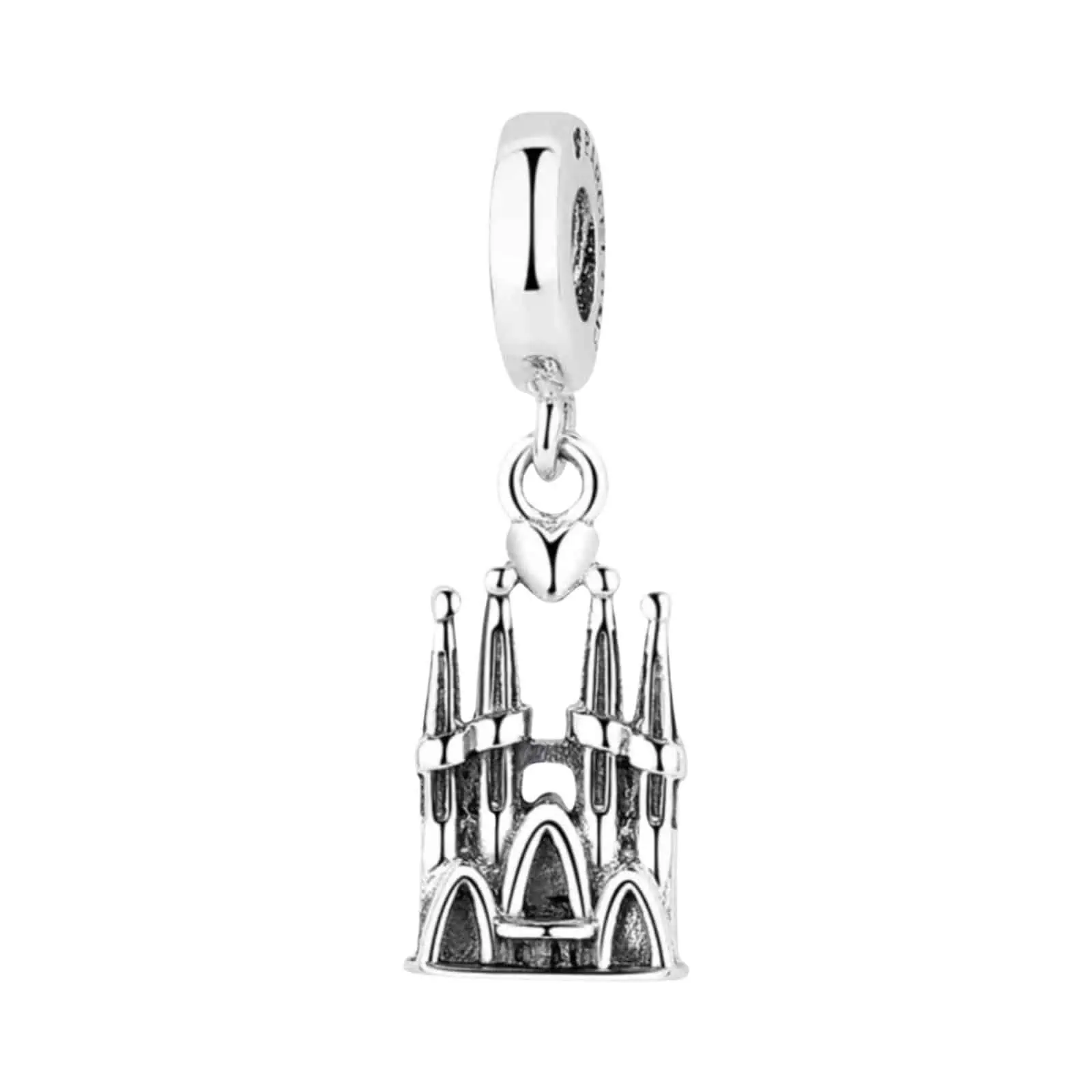 Product Afbeelding Voor en Achteraanzicht van onze prachtige sagrada familia charm. Deze bedel uit Barcelona is gemaakt van 925 sterling zilver.