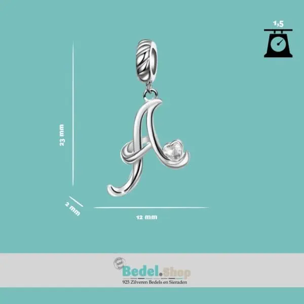 Sierletter A bedel | Charm letter A Alfabetbedel | Met grote hart zirkonia | 925 Sterling Zilver - Afbeelding 3