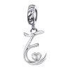 Product Afbeelding Vooraanzicht van onze prachtige sierletter E. Deze charm met de letter e is gemaakt van 925 sterling zilver en heeft een sierlijke vorm. In de E zit een klein hartje met zirkonia.