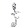 Product Afbeelding Vooraanzicht van onze prachtige charm letter uit de catergorie sierletter. Deze letter f is gemaakt van 925 sterling zilver in de vorm van een charm. De letter F heeft een sierlijke krul en een zirkonia hart.