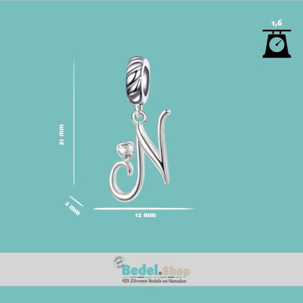Sierletter N bedel | Charm letter N Alfabetbedel | Met grote hart zirkonia | 925 Sterling Zilver - Afbeelding 4