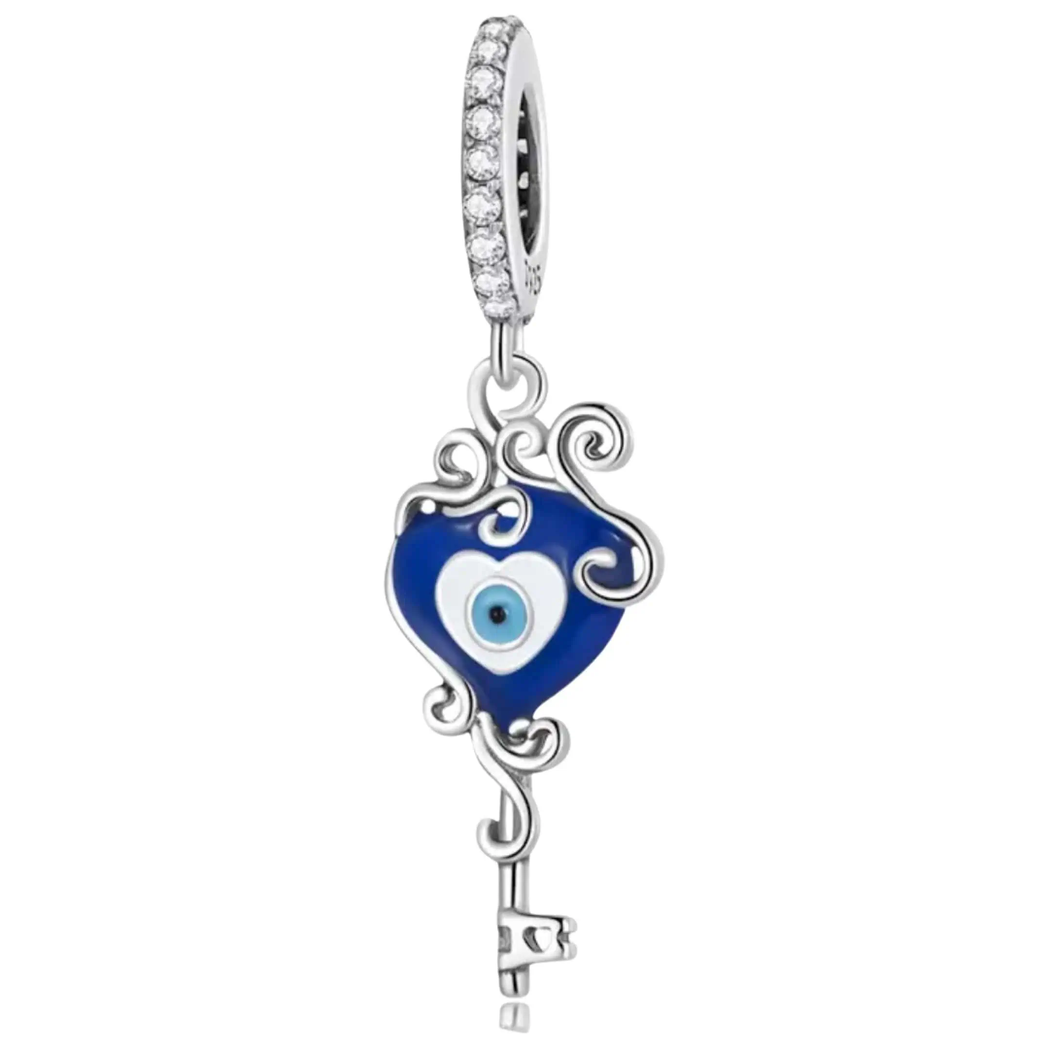 Product Afbeelding Vooraanzicht van onze prachtige nieuwe geloof en geluk charm. Deze bedel is gemaakt van 925 sterling zilver. Het oog van blauwe en witte emaille. Deze lieve sleutel brengt je geluk en het boze oog kijkt al het kwaad weg.