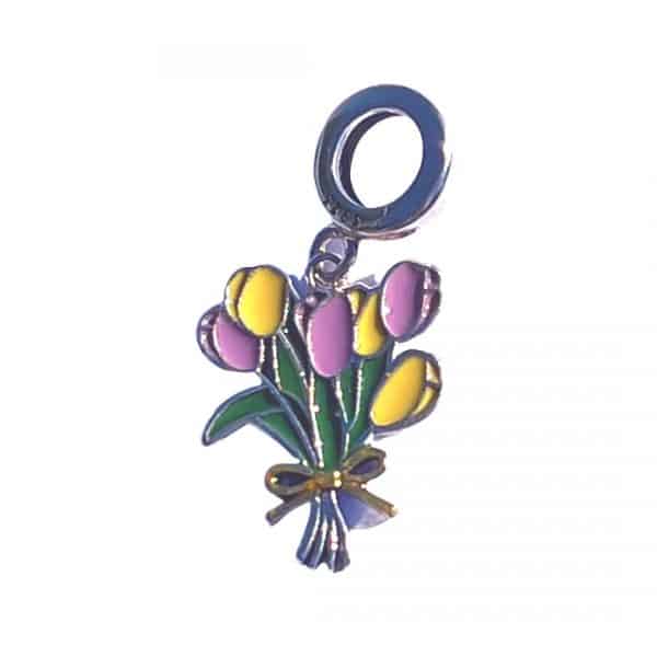 Product Afbeelding Vooraanzicht van onze bos tulpen uit de happy holland collectie. Deze prachtige bos tulpen is typisch nederlands. Gemaakt van 925 sterling zilver met roze en gele emaille. De gouden strik die de tulpen bij elkaar houd is van 14 karaat goud. Deze charm mag niet ontbreken bij onze trotse hollander.