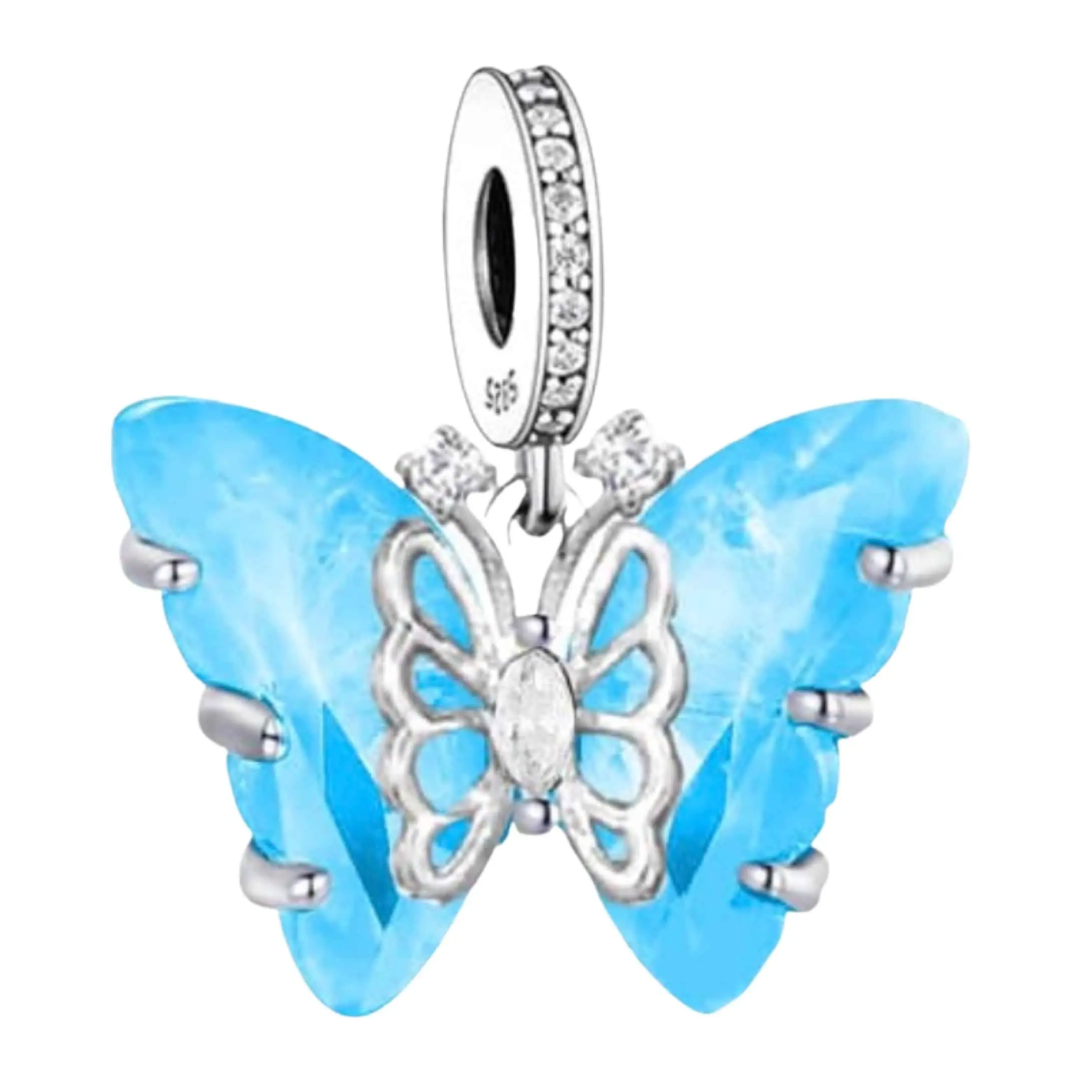 Product Afbeelding van onze prachtige vlinder Murano glas uit de categorie dieren. Deze charm is gemaakt van 925 sterling zilver en blauw murano glas.
