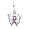 Product Afbeelding Vooraanzicht van onze vlinder met pink ribbon lint uit de symbolen collectie. Deze lieve vlinder is gemaakt van 925 sterling zilver. De pink ribbon is gemaakt van roze zirkonia steentjes. Deze charm staat voor steun tegen borstkanker.