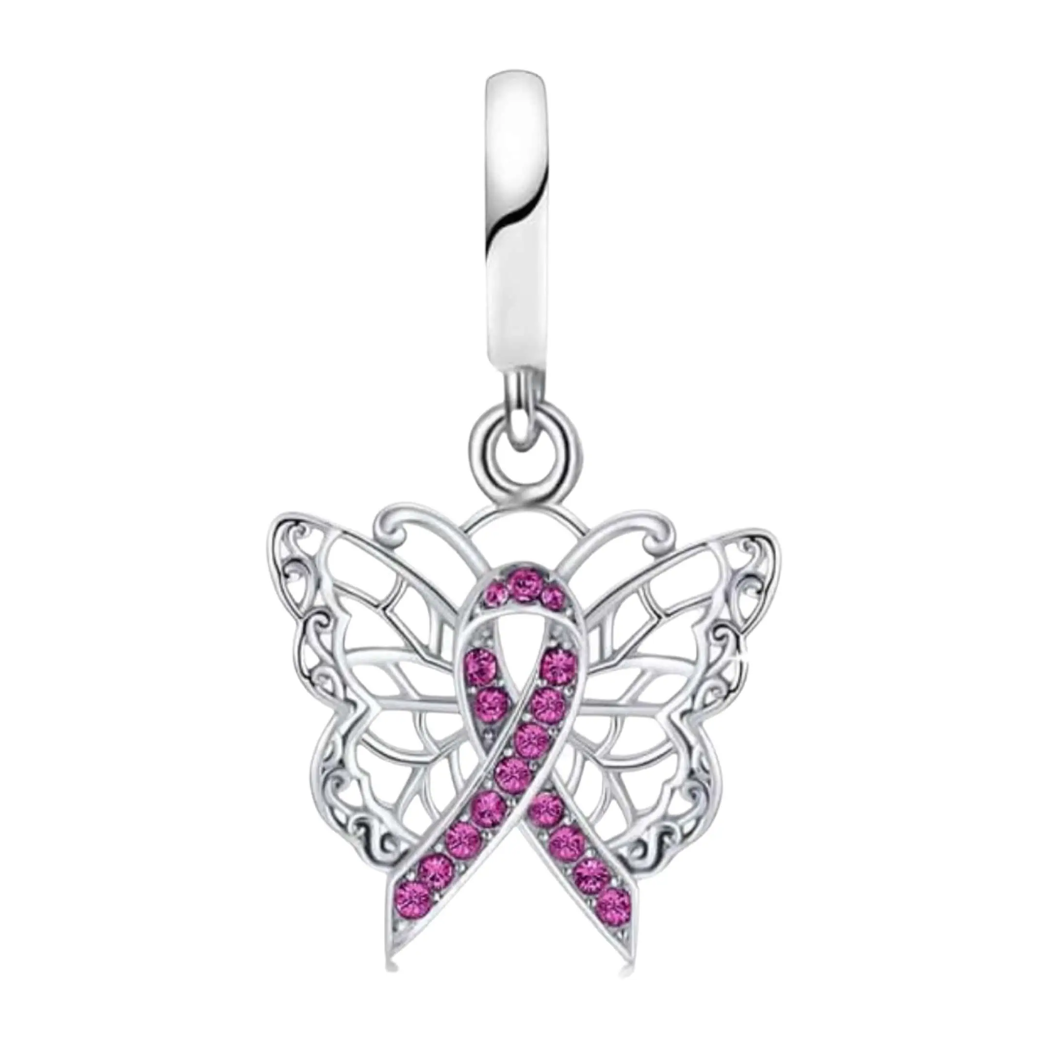 Product Afbeelding Vooraanzicht van onze vlinder met pink ribbon lint uit de symbolen collectie. Deze lieve vlinder is gemaakt van 925 sterling zilver. De pink ribbon is gemaakt van roze zirkonia steentjes. Deze charm staat voor steun tegen borstkanker.