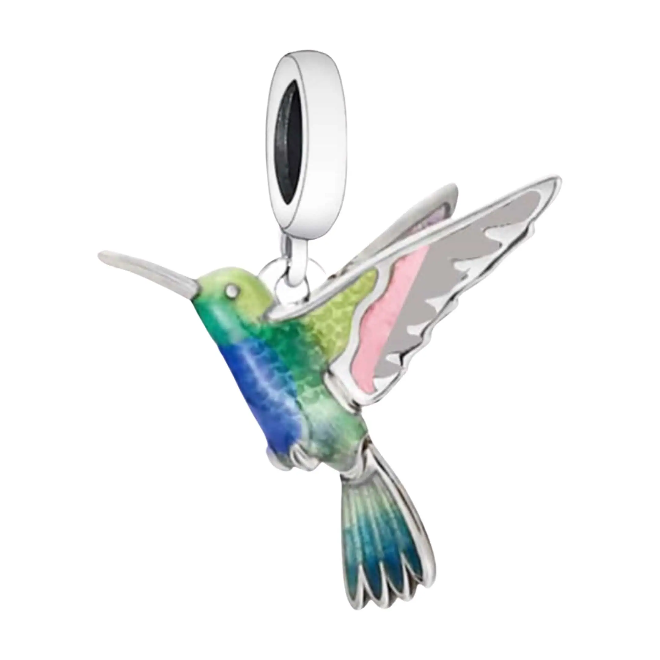 Product Afbeelding Zijaanzicht van onze prachtige nieuwe charm kolibri. Deze mooie vogel is gemaakt van 925 sterling zilver en verschillende kleuren emaille.