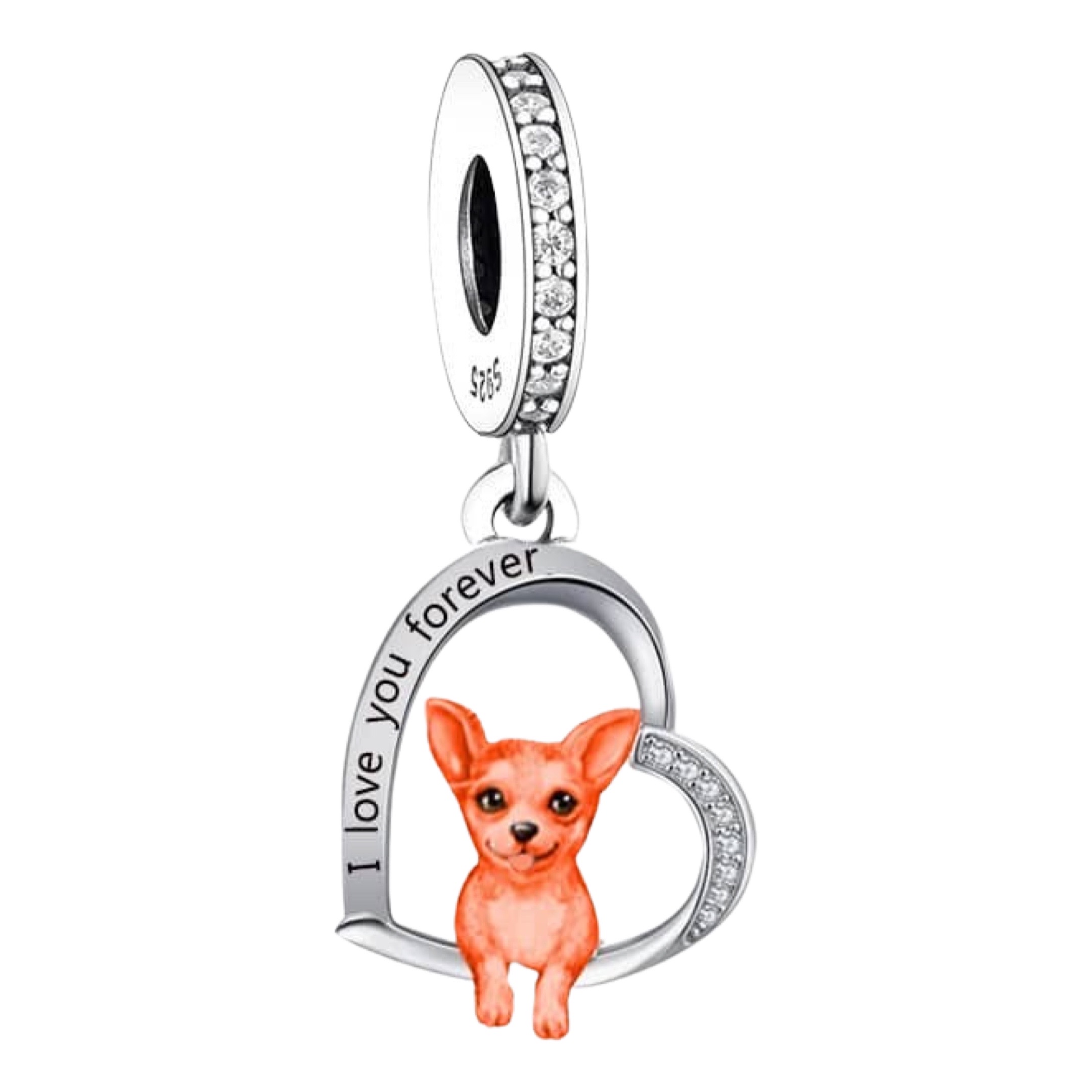 Product Afbeelding Vooraanzicht van onze prachtige chiwawa charm bedel. Deze lieve bedel is gemaakt van 925 sterling zilver met open hart. In het hart hangt een hondje onze chiwawa gemaakt van een laagje rose goud. Inclusief tekst I love you forever. Ingelegd met zirkonia